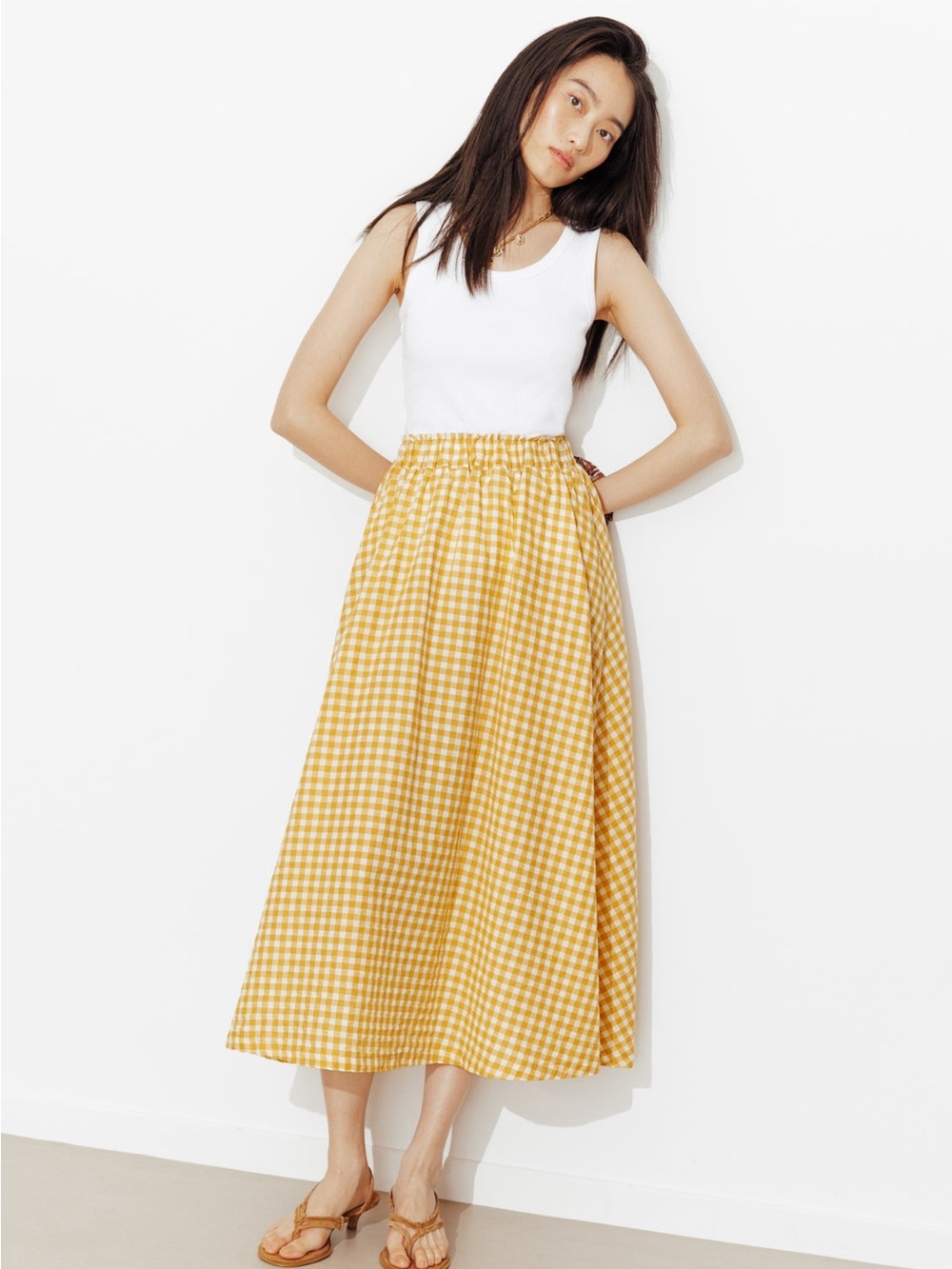 (NEW) Yellow Gingham Elastic-Waist Midi Skirt